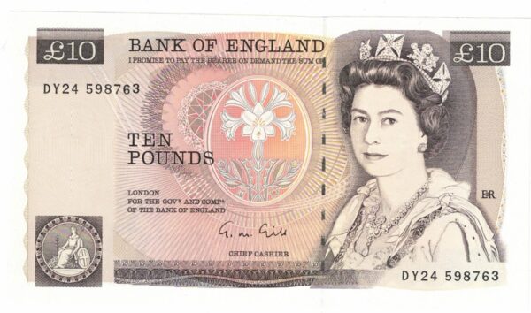 B354 Gill Ten Pounds banknote. Deep brown on multicolour underprint. The obverse features Elizabeth II. The reverse features Florence Nightingale.