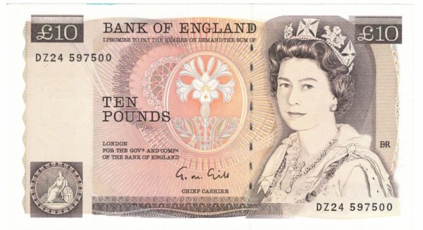 B354 Gill Ten Pounds banknote. Deep brown on multicolour underprint. The obverse features Elizabeth II. The reverse features Florence Nightingale.