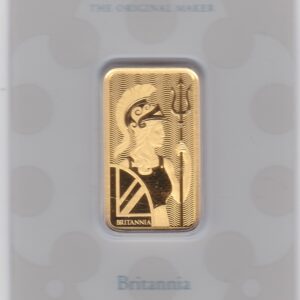 Britannia Twenty Gram Gold Bar from the Royal Mint. This bar contains 20 grams of 999.9 fine gold and comes presented in a plastic credit card sized packet.