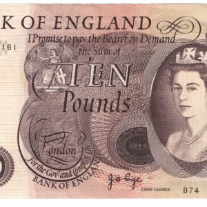 B326 Page Ten Pounds banknote. The obverse features HM Queen Elizabeth II at the right. The reverse features a lion facing left at centre.