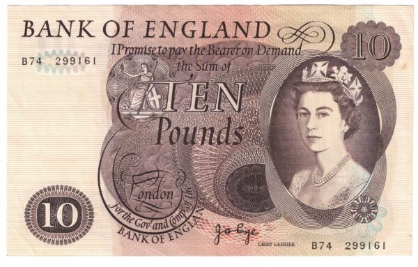 B326 Page Ten Pounds banknote. The obverse features HM Queen Elizabeth II at the right. The reverse features a lion facing left at centre.