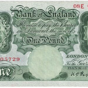 B238 Peppiatt One Pound Banknote 08E. This is the green 1934 Issue, with Serial Number 08E 005729. This note is in near mint condition.