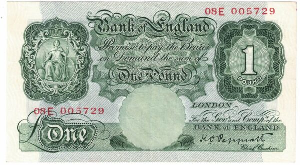 B238 Peppiatt One Pound Banknote 08E. This is the green 1934 Issue, with Serial Number 08E 005729. This note is in near mint condition.