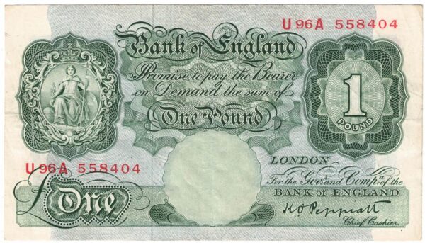 B260 Peppiatt One Pound Banknote U96A This is the green 1948 Issue, with Serial Number U96A 558404. This note is in near mint condition.