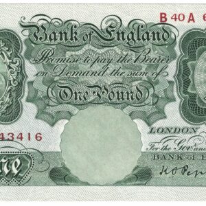 B239 Peppiatt One Pound Banknote B40A. This is the green 1934 Issue, with Serial Number B40A 643416 This note is in mint condition.