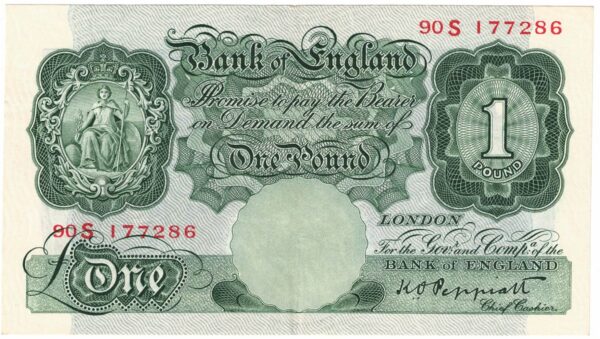 B238 Peppiatt One Pound Banknote 90S. This is the green 1934 Issue, with Serial Number 90S 177286. This note is in near mint condition.