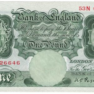 B238 Peppiatt One Pound Banknote 53N. This is the green 1934 Issue, with Serial Number 53N 626646 This note is in mint condition.