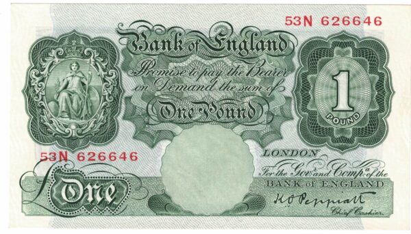 B238 Peppiatt One Pound Banknote 53N. This is the green 1934 Issue, with Serial Number 53N 626646 This note is in mint condition.