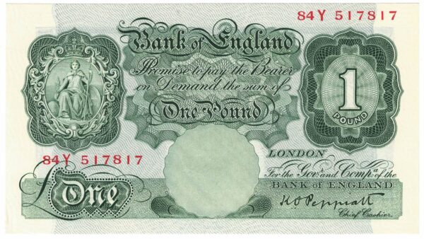 B238 Peppiatt One Pound Banknote 84Y. This is the green 1934 Issue, with Serial Number 84Y517817 This note is in near mint condition.