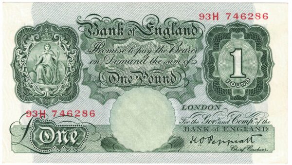 B238 Peppiatt One Pound Banknote 93H. This is the green 1934 Issue, with Serial Number 93H746286 This note is in near mint condition.