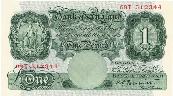 B238 Peppiatt One Pound Banknote 88T. This is the green 1934 Issue, with Serial Number 88T 512344 This note is in near mint condition.