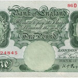 B238 Peppiatt One Pound Banknote 86D. This is the green 1934 Issue, with Serial Number 86D 524845 This note is in near mint condition.