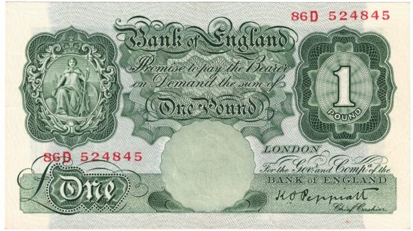 B238 Peppiatt One Pound Banknote 86D. This is the green 1934 Issue, with Serial Number 86D 524845 This note is in near mint condition.