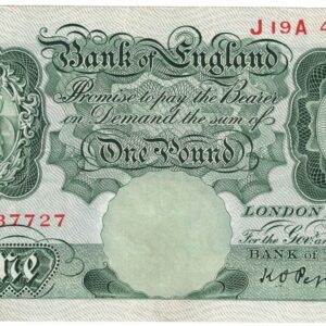 B239 Peppiatt One Pound Banknote J19A. This is the green 1934 Issue, with Serial Number J19A 437727 This note is in near mint condition.