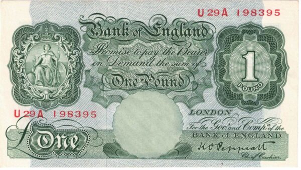 B260 Peppiatt One Pound Banknote U29A This is the green 1948 Issue, with Serial Number U29A 198395. This note is in good fine condition.