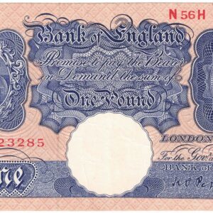 B249 Peppiatt One Pound Banknote N56H. This is the Blue & Pink 1940 Issue, with Serial Number N56H 023285 This note is in near mint condition.