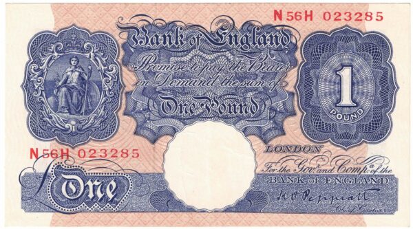 B249 Peppiatt One Pound Banknote N56H. This is the Blue & Pink 1940 Issue, with Serial Number N56H 023285 This note is in near mint condition.