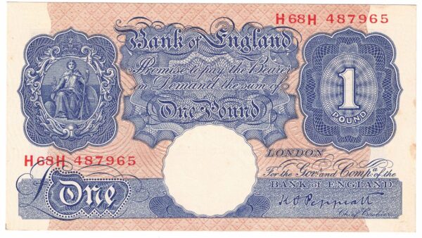 B249 Peppiatt One Pound Banknote H68H. This is the Blue & Pink 1940 Issue, with Serial Number H68H 487965. This note is in near mint condition.