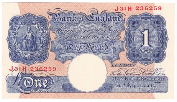 B249 Peppiatt One Pound Banknote J31H. This is the Blue & Pink 1940 Issue, with Serial Number J31H 236259 This note is in near mint condition.