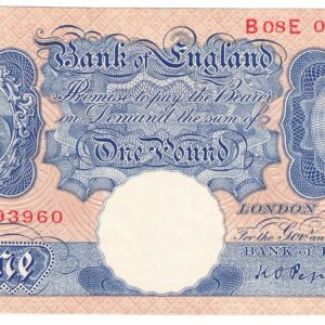 B249 Peppiatt One Pound Banknote B08E This is the Blue & Pink 1940 Issue, with Serial Number B08E 093960 This note is in near mint condition.