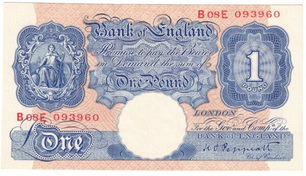 B249 Peppiatt One Pound Banknote B08E This is the Blue & Pink 1940 Issue, with Serial Number B08E 093960 This note is in near mint condition.