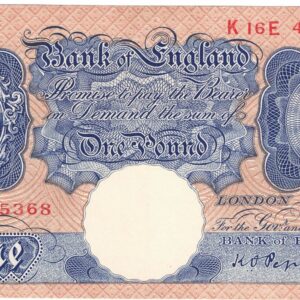 B249 Peppiatt One Pound Banknote K16E This is the Blue & Pink 1940 Issue, with Serial Number K16E 405368 This note is in near mint condition