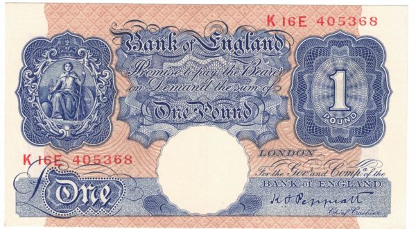 B249 Peppiatt One Pound Banknote K16E This is the Blue & Pink 1940 Issue, with Serial Number K16E 405368 This note is in near mint condition