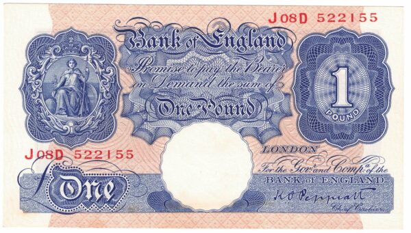 B249 Peppiatt One Pound Banknote J08D This is the Blue & Pink 1940 Issue, with Serial Number J08D 522155 This note is in near mint condition.