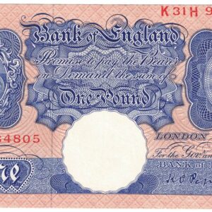 B249 Peppiatt One Pound Banknote K31H This is the Blue & Pink 1940 Issue, with Serial Number K31H 934805 This note is in near mint condition.