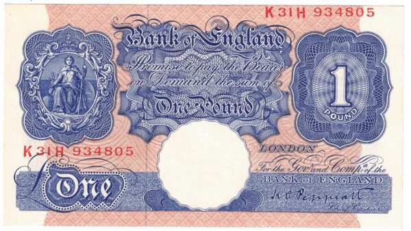 B249 Peppiatt One Pound Banknote K31H This is the Blue & Pink 1940 Issue, with Serial Number K31H 934805 This note is in near mint condition.