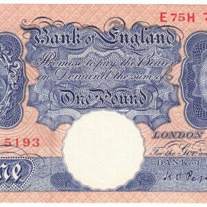 B249 Peppiatt One Pound Banknote E75H This is the Blue & Pink 1940 Issue, with Serial Number E75H 715193 This note is in near mint condition.