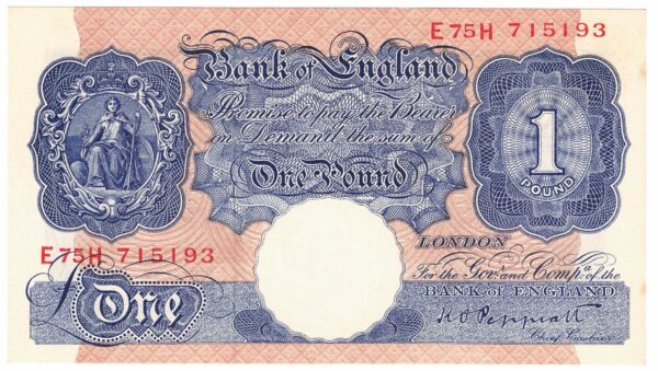 B249 Peppiatt One Pound Banknote E75H This is the Blue & Pink 1940 Issue, with Serial Number E75H 715193 This note is in near mint condition.