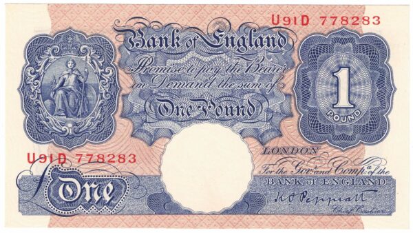 B249 Peppiatt One Pound Banknote U91D This is the Blue & Pink 1940 Issue, with Serial Number U91D 778283 This note is in near mint condition.