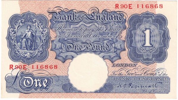 B249 Peppiatt One Pound Banknote R90E This is the Blue & Pink 1940 Issue, with Serial Number R90E 116868 This note is in near mint condition.