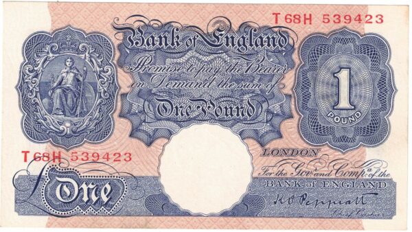 B249 Peppiatt One Pound Banknote T68H This is the Blue & Pink 1940 Issue, with Serial Number T68H 539423 This note is in near mint condition.