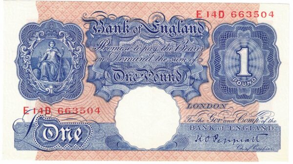 B249 Peppiatt One Pound Banknote E14D This is the Blue & Pink 1940 Issue, with Serial Number E14D 663504 This note is in near mint condition.