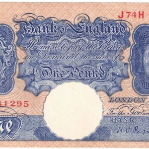 B249 Peppiatt One Pound Banknote J74H This is the Blue & Pink 1940 Issue, with Serial Number J74H 541295 This note is in near mint condition.