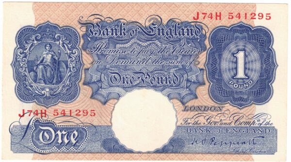 B249 Peppiatt One Pound Banknote J74H This is the Blue & Pink 1940 Issue, with Serial Number J74H 541295 This note is in near mint condition.