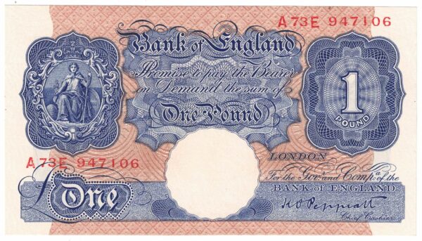 B249 Peppiatt One Pound Banknote A73E This is the Blue & Pink 1940 Issue, with Serial Number A73E 947106 This note is in near mint condition.