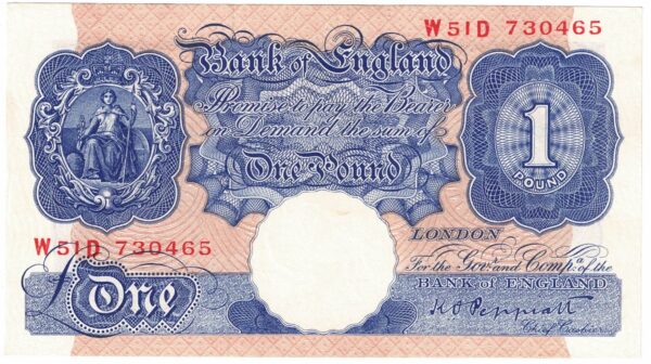 B249 Peppiatt One Pound Banknote W51D This is the Blue & Pink 1940 Issue, with Serial Number W51D 730465 This note is in mint condition.