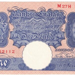 B249 Peppiatt One Pound Banknote M27H This is the Blue & Pink 1940 Issue, with Serial Number M27H 162112 This note is in near mint condition.