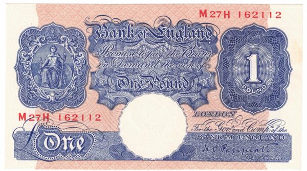 B249 Peppiatt One Pound Banknote M27H This is the Blue & Pink 1940 Issue, with Serial Number M27H 162112 This note is in near mint condition.