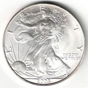 2005 Silver USA One Ounce Eagle. The liberty is on the obverse, The eagle is on the reverse. The coin contains one ounce of 999 fine silver.