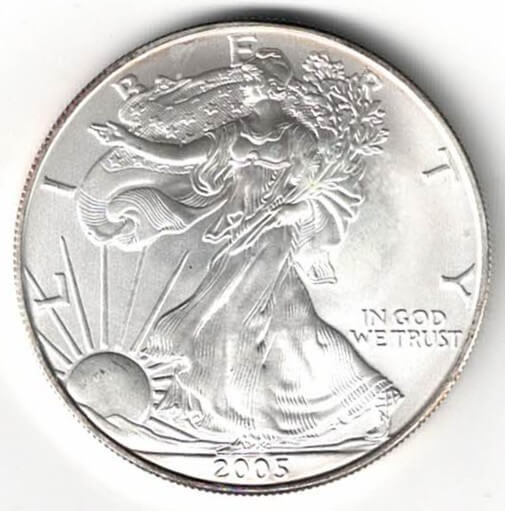 2005 Silver USA One Ounce Eagle. The liberty is on the obverse, The eagle is on the reverse. The coin contains one ounce of 999 fine silver.