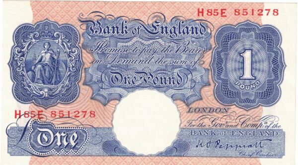 B249 Peppiatt One Pound Banknote H85E This is the Blue & Pink 1940 Issue, with Serial Number H85E 851278 This note is in near mint condition.