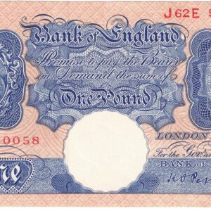 B249 Peppiatt One Pound Banknote J62E This is the Blue & Pink 1940 Issue, with Serial Number J62E 940058 This note is in near mint condition.