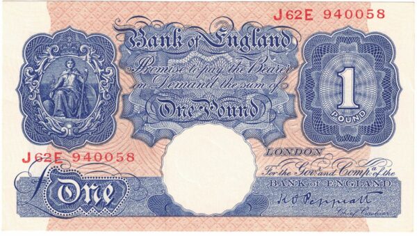 B249 Peppiatt One Pound Banknote J62E This is the Blue & Pink 1940 Issue, with Serial Number J62E 940058 This note is in near mint condition.