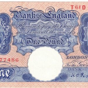 B249 Peppiatt One Pound Banknote T61D This is the Blue & Pink 1940 Issue, with Serial Number T61D 577486 This note is in near mint condition.