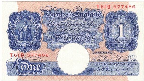 B249 Peppiatt One Pound Banknote T61D This is the Blue & Pink 1940 Issue, with Serial Number T61D 577486 This note is in near mint condition.