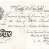 B276 White Five Pounds Banknote. This large white note is the London 26th October 1955 Issue, with Prefix / Serial Number B15A 031820